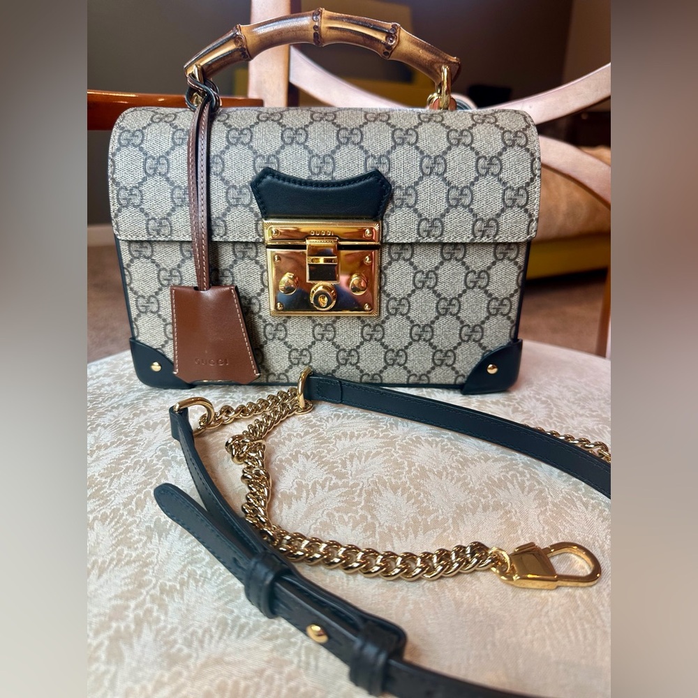 Gucci padlock Supreme GG canvas handbag with Bamboo handle